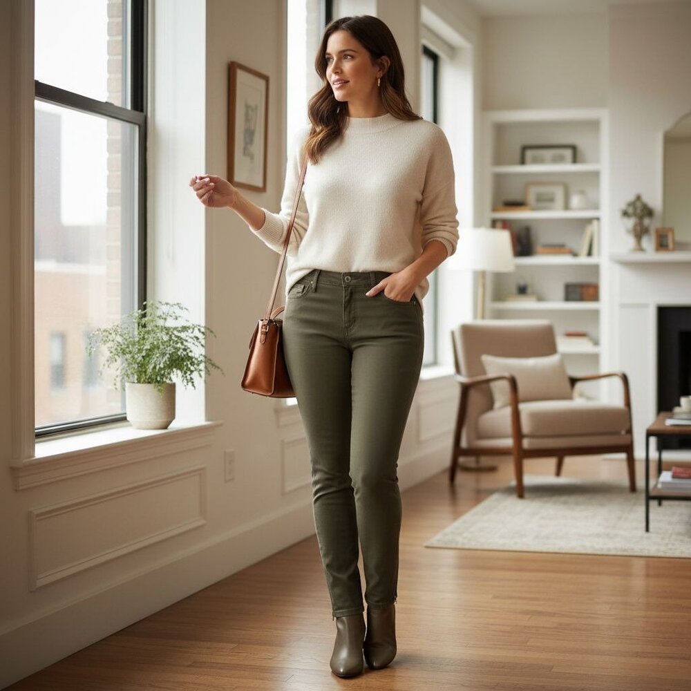 Kaari Blue Womens Skinny Fit Olive Stretch Pants W/Zipper Details Size 14